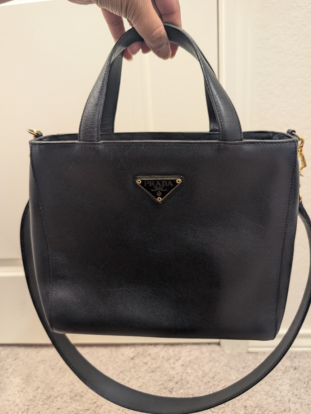 Authentic PRADA Navy Blue Saffiano Leather Top-Handle Tote